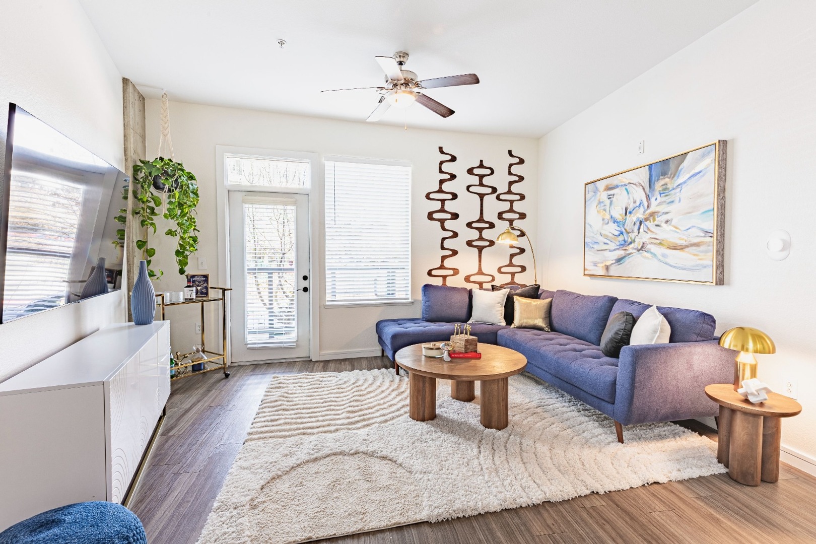 Living room connected to kitchen and dining space